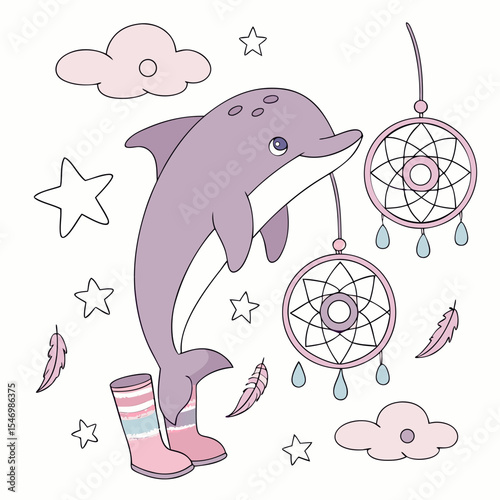 Delightful Mischievous Dolphin in a Fantasy dream scene with wearing rain boots – Dreamland vector illustration