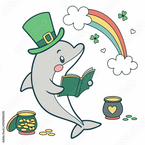 Clover Cheer themed SVG: Cheerful Dolphin with reading a book in a St. Patrick's Day environment