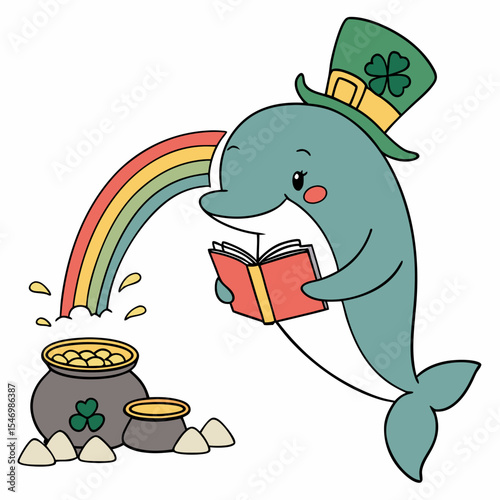 Clover Cheer themed SVG: Cheerful Dolphin with reading a book in a St. Patrick's Day environment