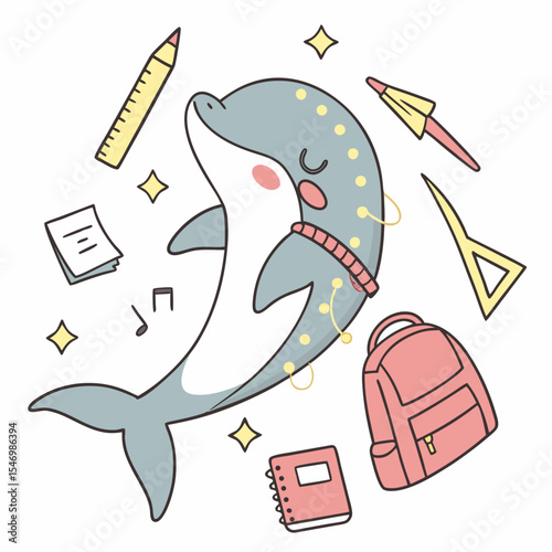 An adorable Dolphin with a Relaxed vibe, wrapped in fairy lights, and a Chalkboard Fun Back to school theme – SVG style
