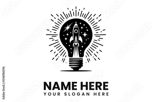 A stylized logo featuring a lightbulb with a rocket ship inside, symbolizing innovation and inspiration.