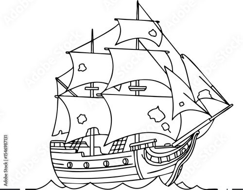 Sailing ship vector illustration with detailed sails and rigging in black and white line art 