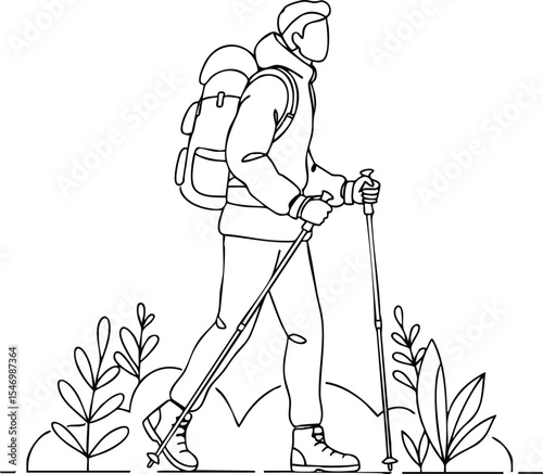 Hiker with Backpack and Poles Walking in Nature Landscape Line Art Vector 