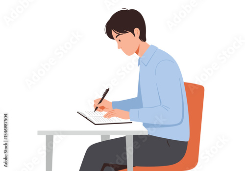 A man sits at a table writing in a notebook dressed in a blue shirt and gray pants