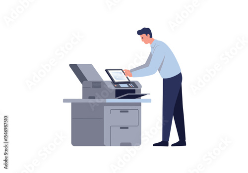 A man operates a large grey office printer standing to use its scanner