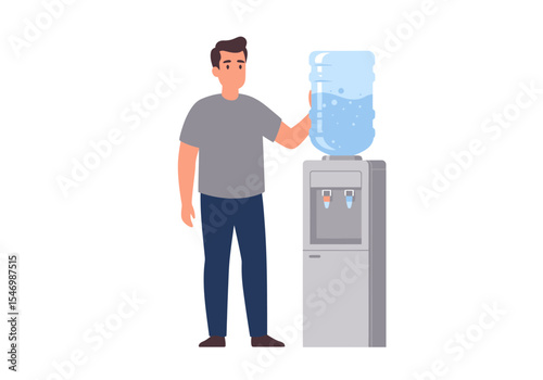 A man stands next to a water dispenser with one hand on the water bottle