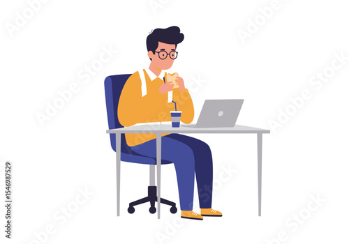 A man wearing glasses eats a sandwich at his desk with a laptop and cup