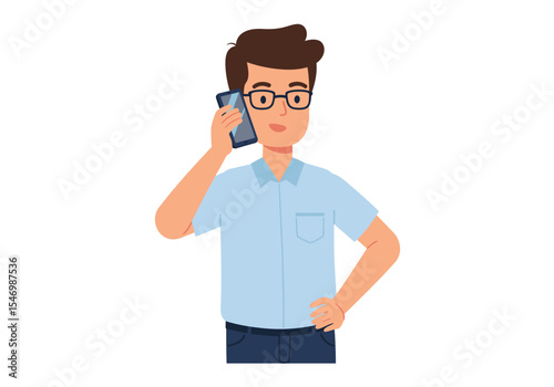 A man with glasses speaks on a phone wearing a shirt and slacks