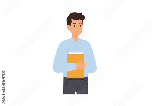 A man with brown hair holds a folder wearing a light blue shirt and dark pants