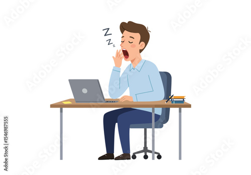 A seated man yawns at his desk with a laptop books and pencil nearby signaling tiredness during work