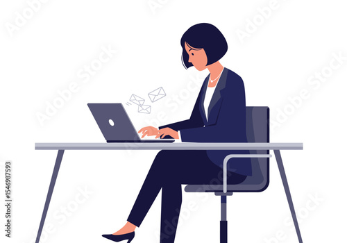 A woman sits at a desk typing on a laptop with email icons floating above the screen