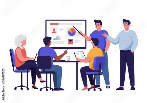 Five people meet around a screen showing charts and graphs in a conference room