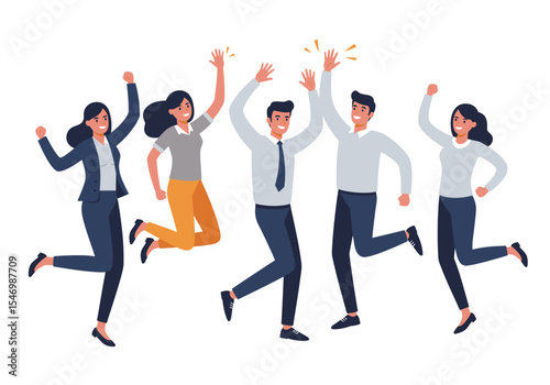 Five cartoon people jumping and raising their arms in celebration