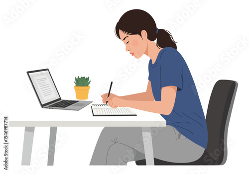 Illustration of a woman writing at a desk with a laptop and potted plant