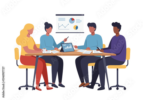 Four individuals at a table examining data on screens and papers