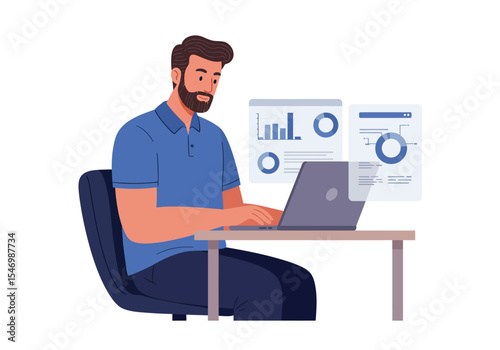 Man at desk using laptop charts displayed