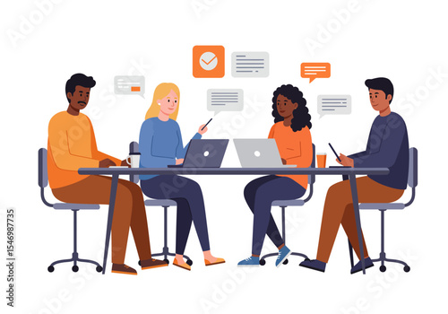 Four people sit around a table with laptops surrounded by speech bubbles and icons