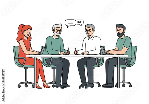 Four people at a table in a meeting some with laptops some taking notes