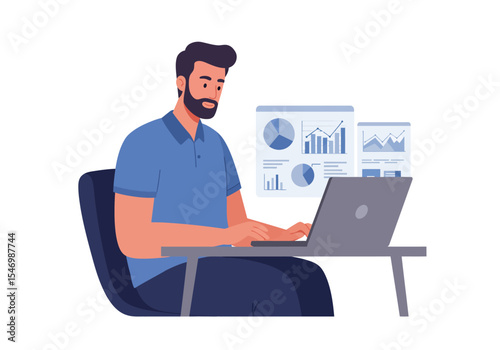 Man at desk with laptop and graphs wearing blue polo