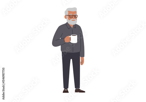 Elderly man with grey hair glasses  beard holds white mug while standing