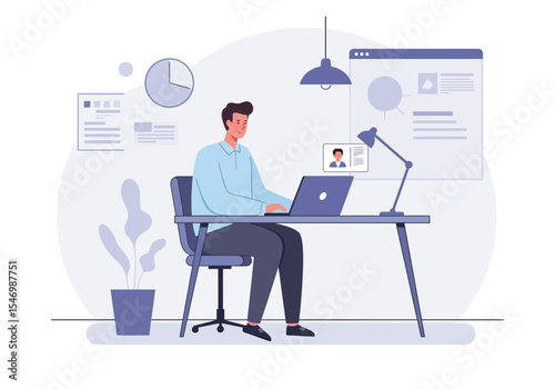 Man at desk with laptop lamp chair window plant and documents
