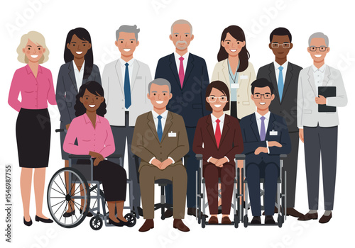 Diverse group of professionals including people with disabilities in business attire