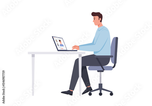 Man at desk with laptop in video call sitting on chair