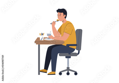 Man eats at a desk He sits in a rolling chair wearing yellow shirt  dark pants A beverage and writing utensils are visible