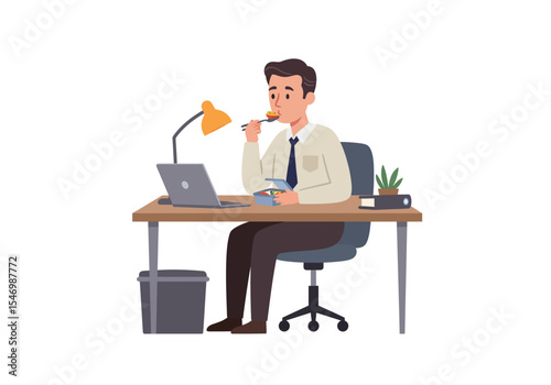 Man eating at desk with laptop lamp plant