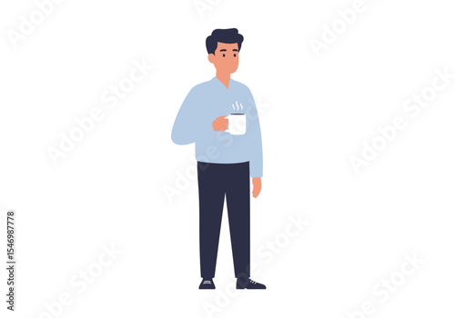Man holding steaming mug wearing blue sweater and dark pants