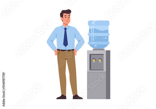 Man in a blue shirt stands next to a water cooler