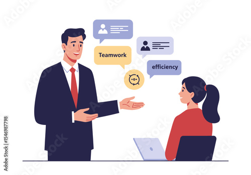 Man in suit presents ideas teamwork efficiency to woman at laptop