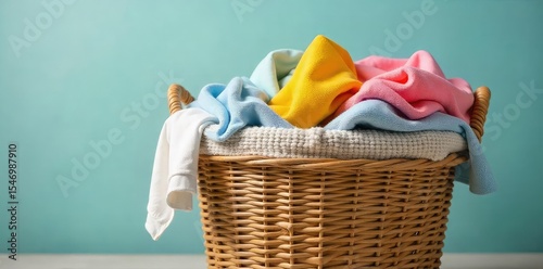 Oversized woven laundry basket overflowing with brightly colored clothes, ready for washing Perfect for home organization and cleaning themed projects , laundry, overflowing