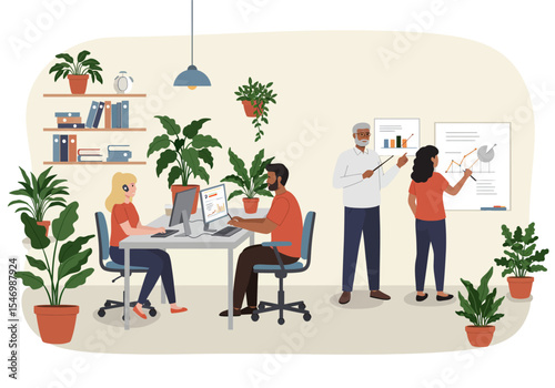 Office scene People work at desks discuss charts indoor plants shelves visible