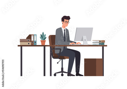 Person at a desk with computer files and plant in office