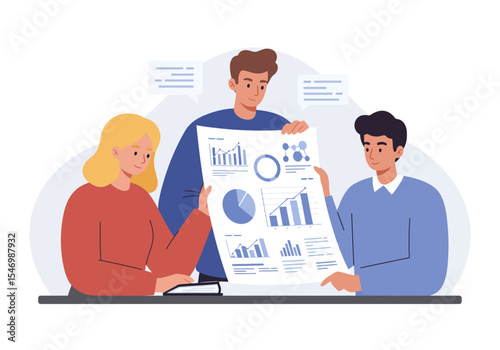 People review chartsgraphs together two speech bubbles visible above