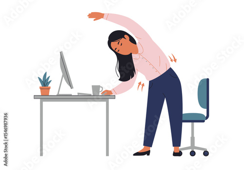Office worker stretches at desk bending to the side in an office setting