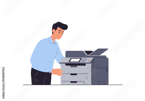 Person by gray printer with screen  buttons wears blue shirt