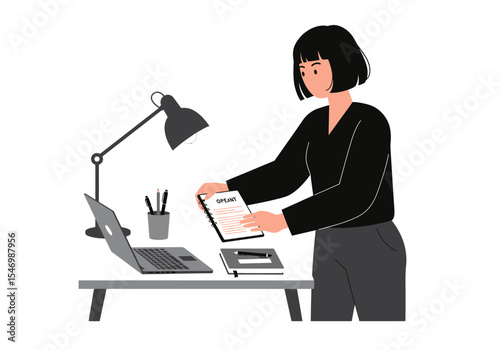 Person at desk with laptop lamp notebook pen holder holding a notebook with Opeant written on it