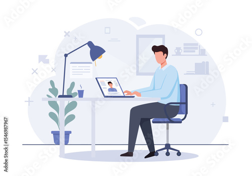 Person works at desk laptop with portrait lamp potted plant office clean design