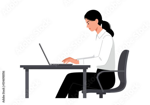 Woman at desk types on laptop in office chair