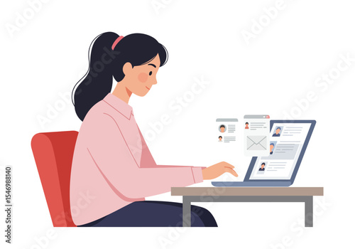 Woman at desk using laptop likely working or studying with social mediaemail interface displayed