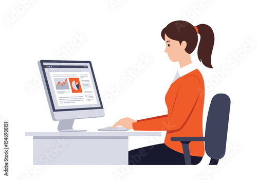 Woman at desk working on a computer with charts displayed on the screen