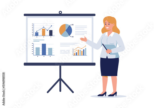 Woman giving business presentation with charts on a screen