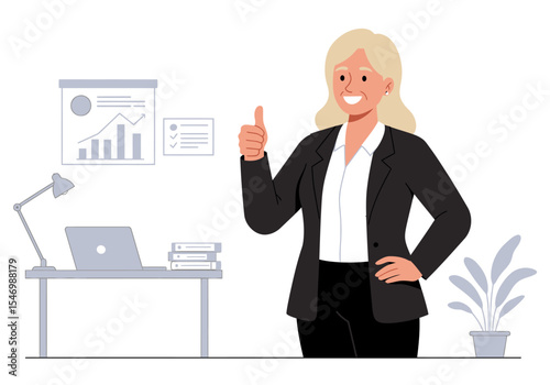 Woman in blazer gives thumbs up near desk with laptop papers lamp charts and potted plant