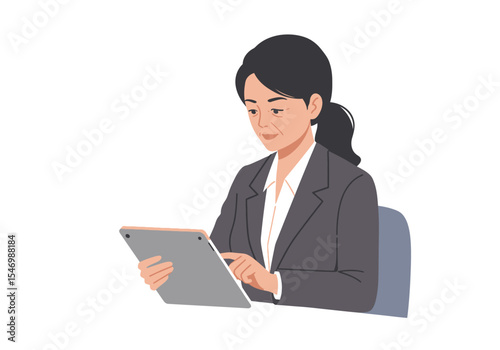 Woman in a suit looks at a tablet seated on a chair