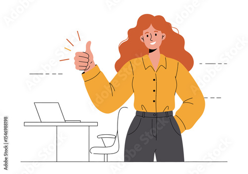 Woman in shirt thumbsup gesture desk with laptop  chair