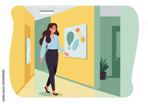 Woman walks in a yellow hallway by art doorway and indoor plant