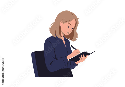 Woman writing in a notebook seated Focus is on her action and attire