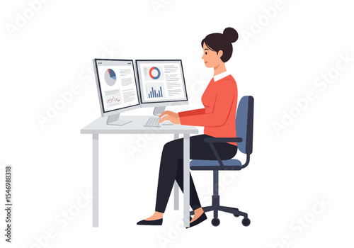 Vector Woman works at dual monitor setup in office